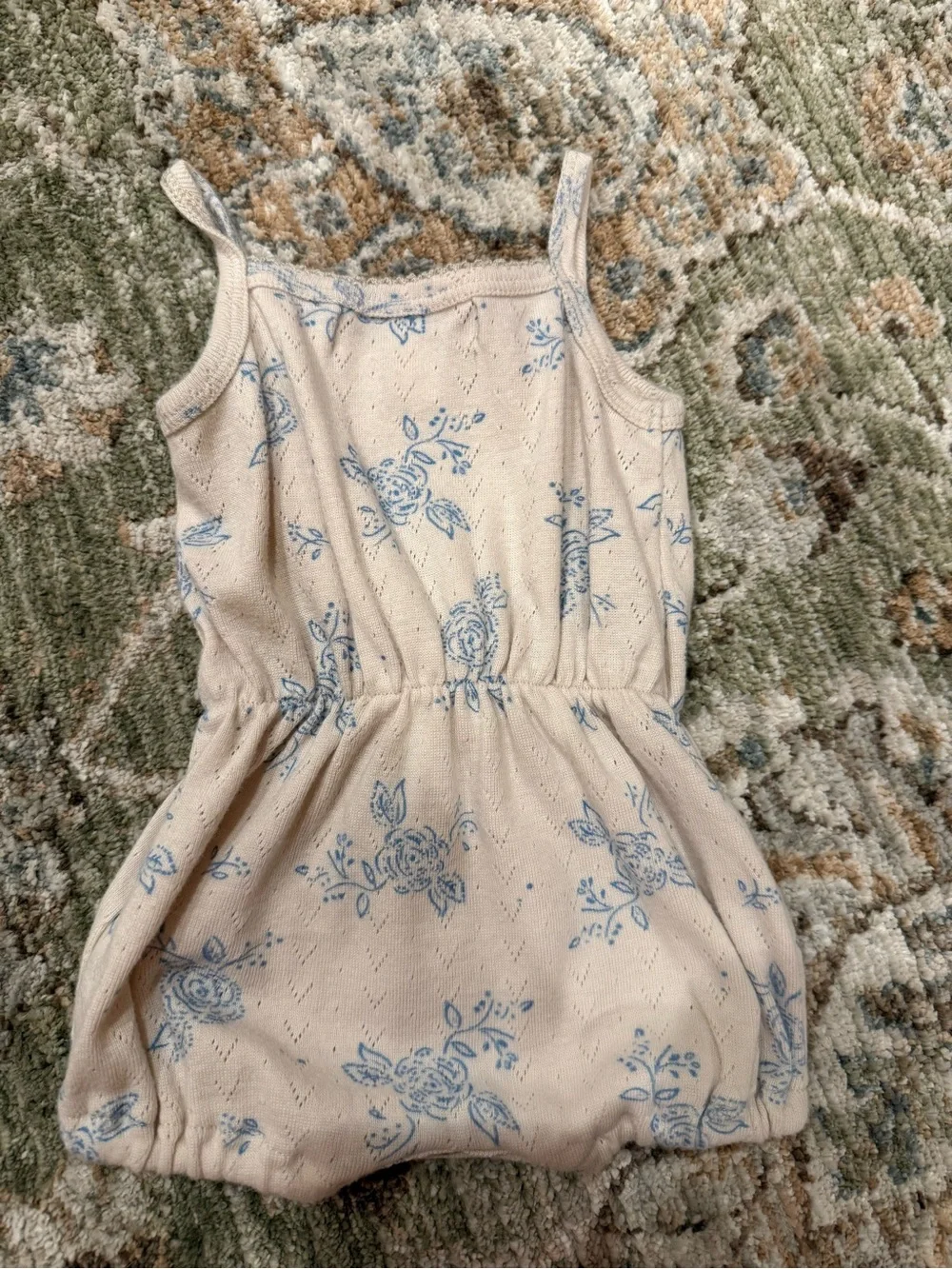 Emile et Ida Cream Romper with Light Blue Floral Print and Tie Waist 3M